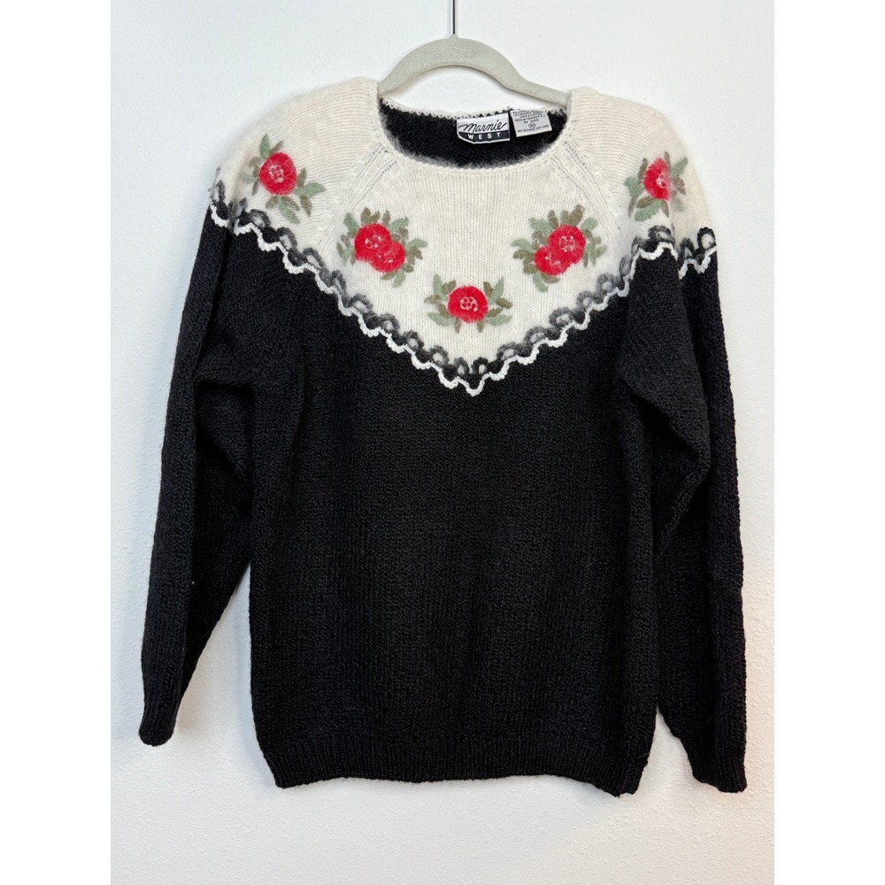 Marnie West Black White Floral Embroidered Angora Rabbit Hair Wool Sweater M